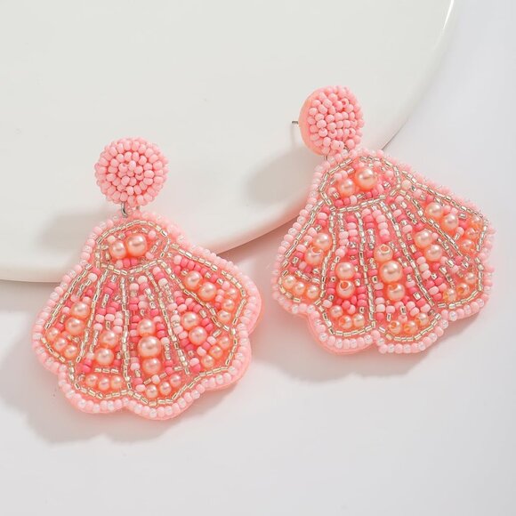 Set of 3 Beaded Seashell Dangle Earrings for Women in Pink, Blue, White - Coasta - Picture 7 of 7